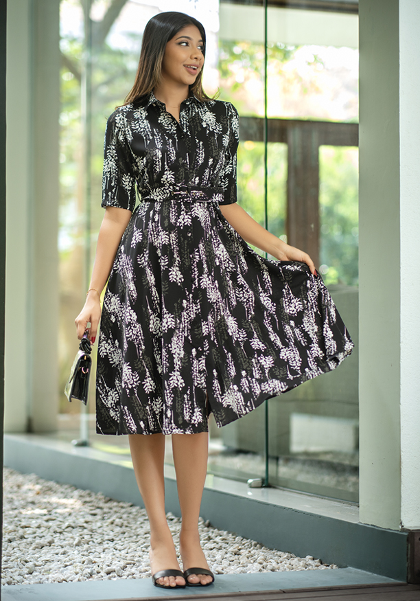 FLARA BLACK PRINTED DRESS